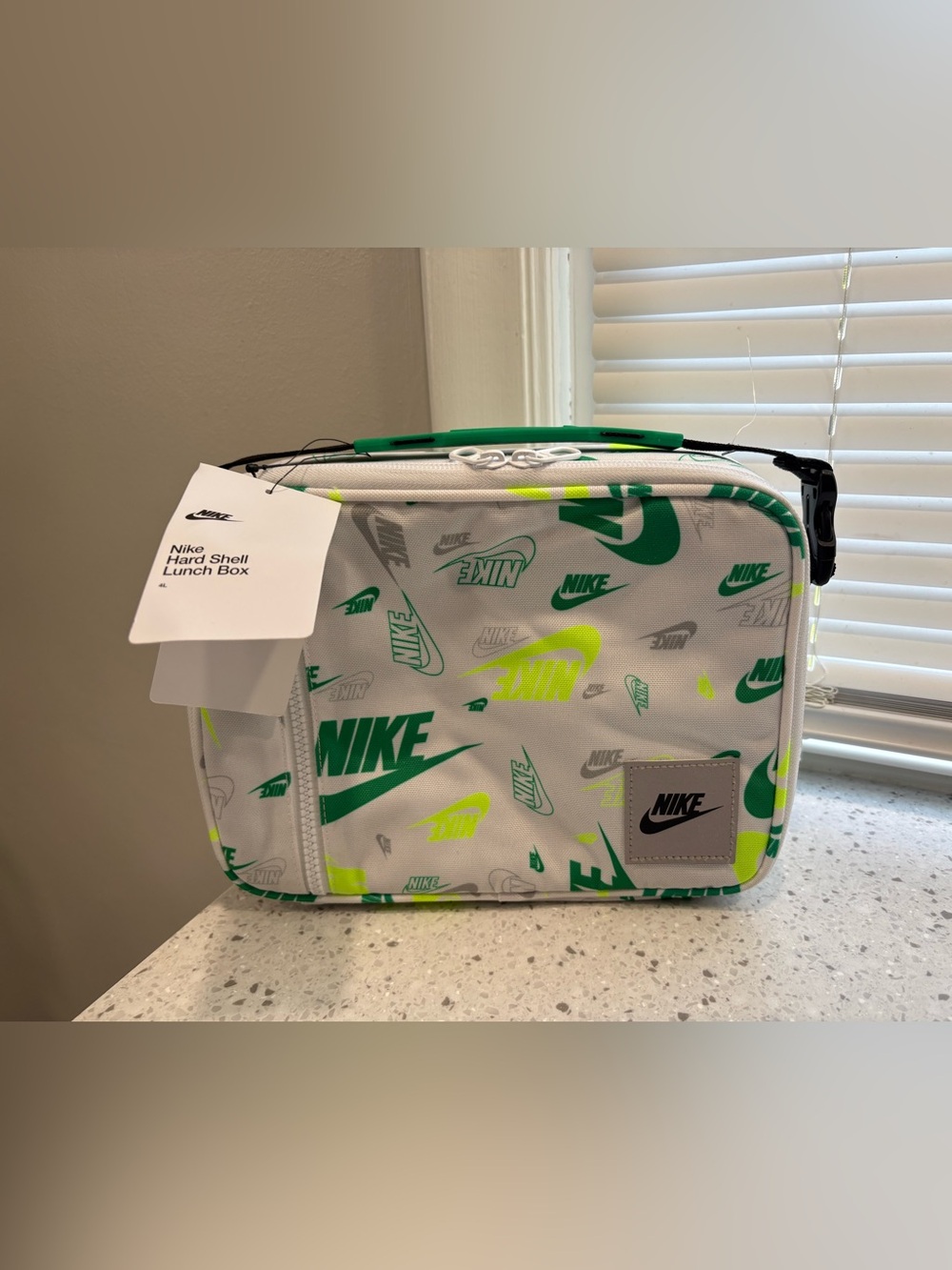 NWT Nike White Lunch Box with Green & Neon Yellow Logo Print-hard shell
